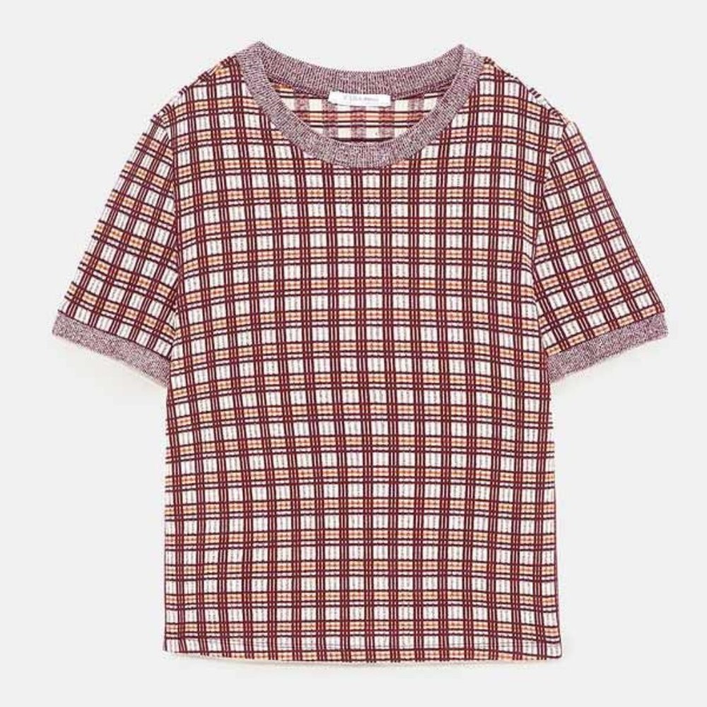 Zara Trafaluc Jacquard Plaid Short Sleeve Sweater Shirt